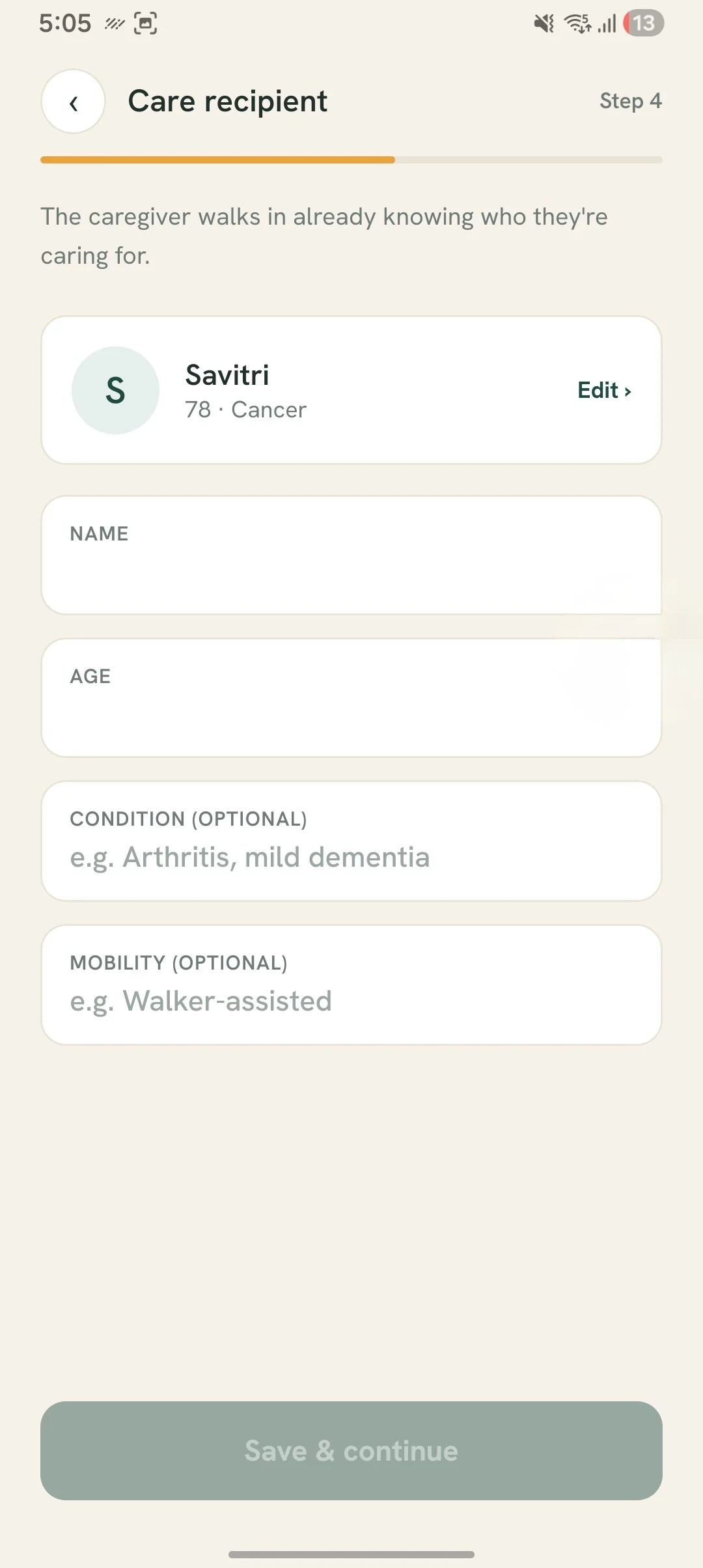 Karuna app screen holding the care recipient's name, age, condition and mobility notes