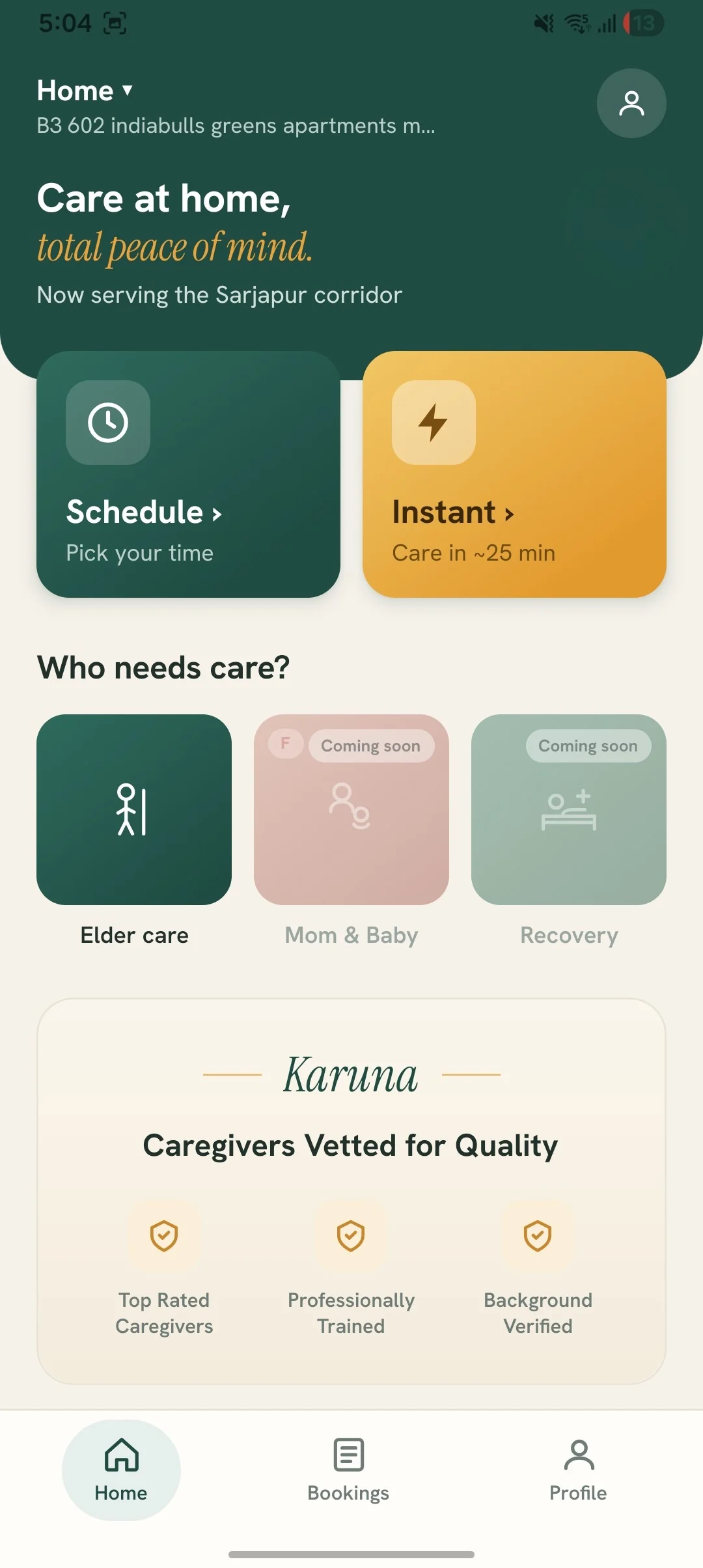 Karuna app home screen — choosing elder care, and an instant or scheduled visit