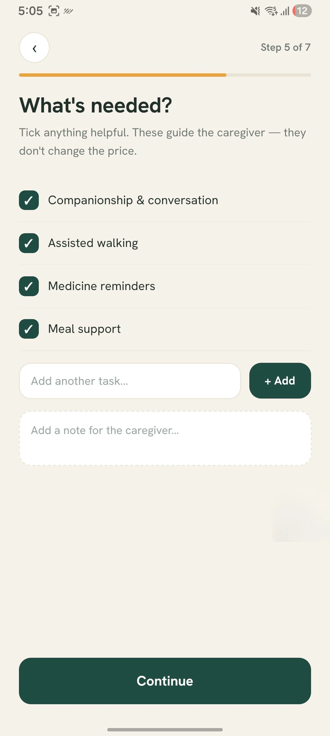Karuna app screen listing the help needed — companionship, assisted walking, medicine reminders and meal support