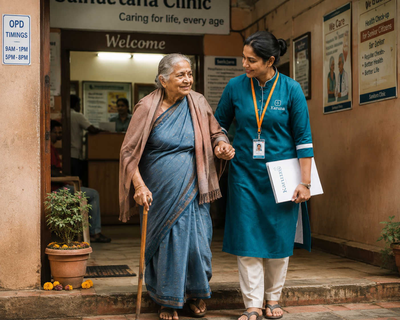 Karuna caregiver accompanying an elderly person to a doctor's appointment