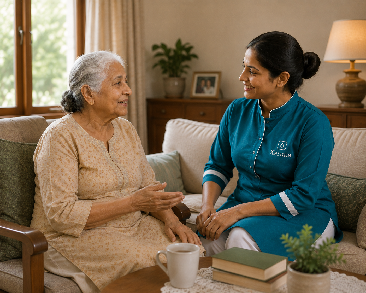 Karuna caregiver walking outdoors with an elderly person